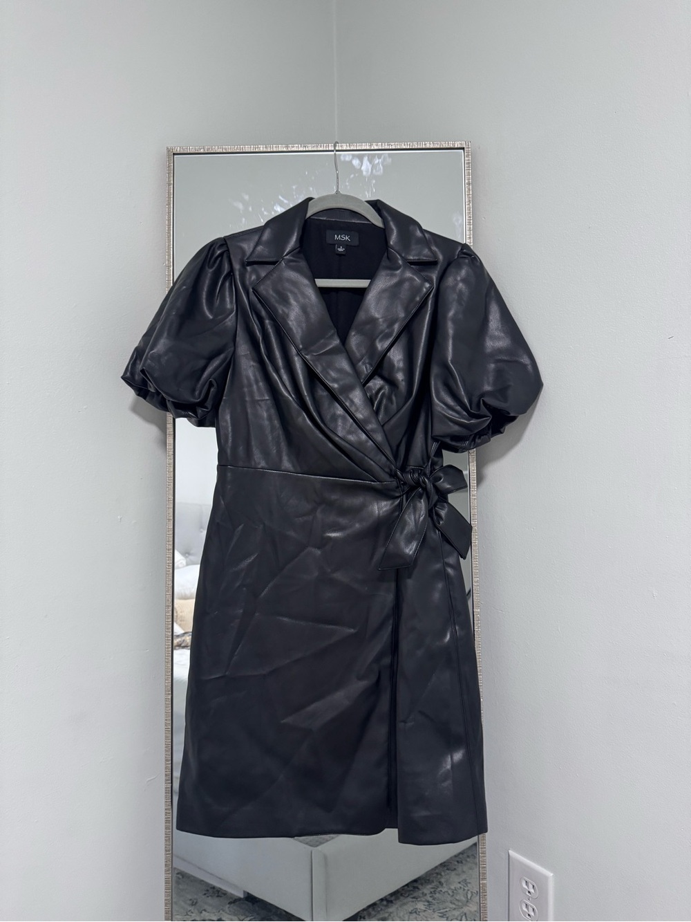 MSK Black Faux Leather Puff-Sleeve Wrap Mini Dress